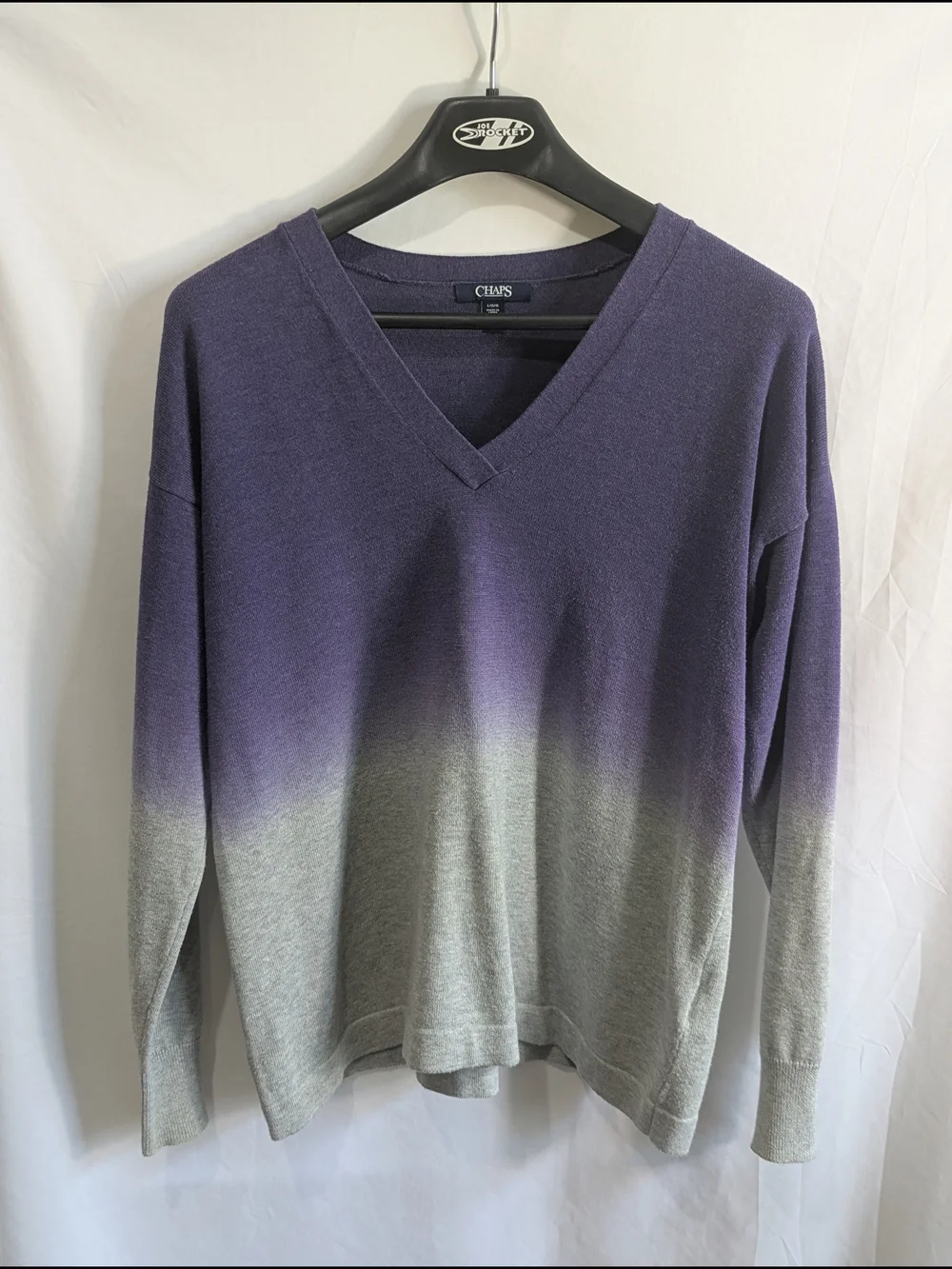 Chaps Ombre V Neck Sweater Purple Gray Knit Pullover Women's Large Soft